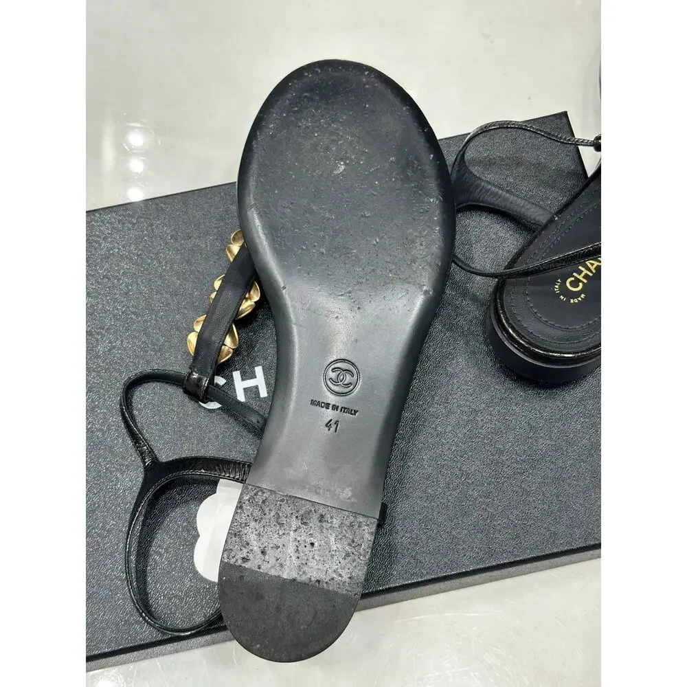 Chanel Black Flower Pearl Thong Sandals - EU 41